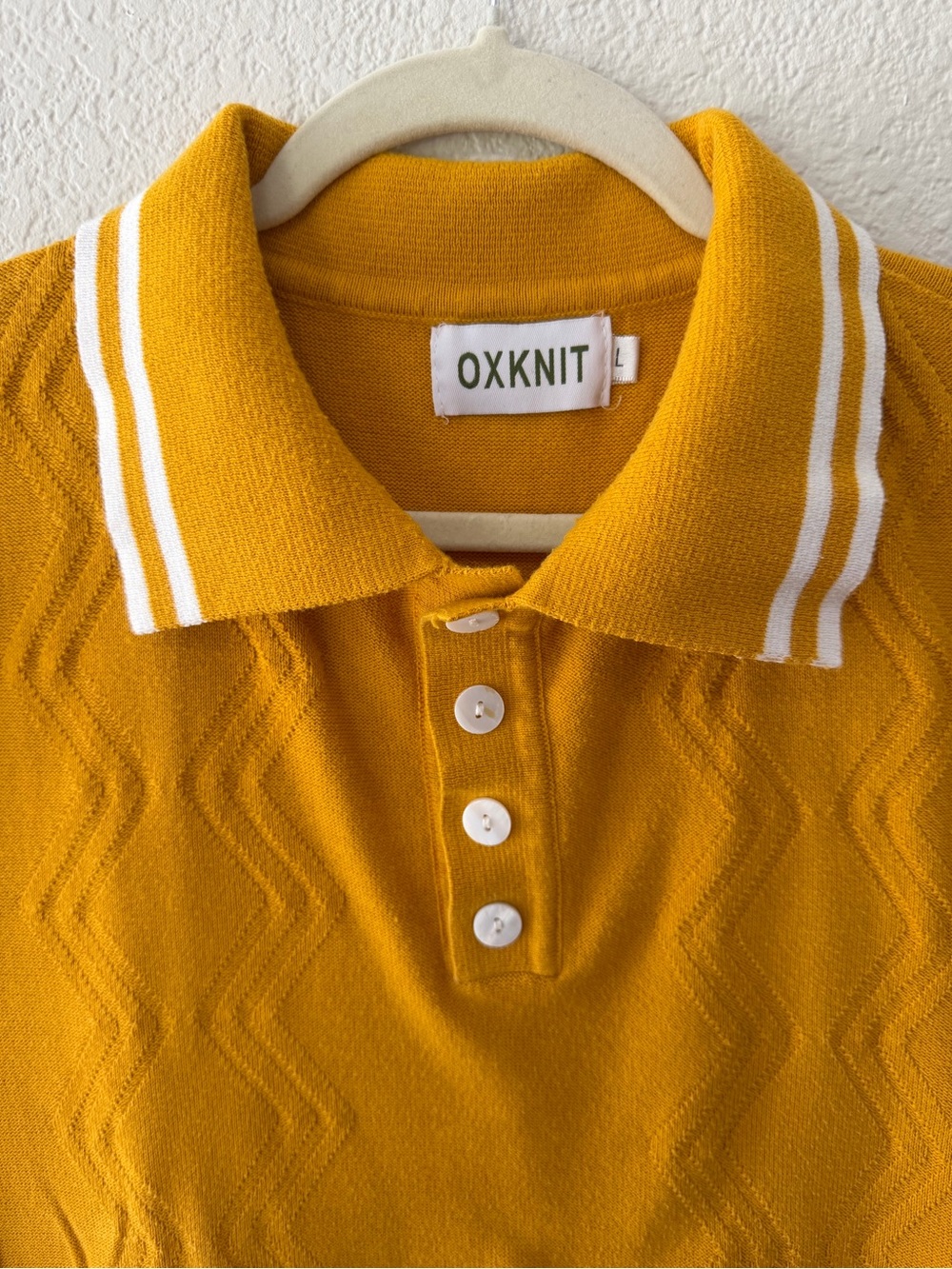 OXKNIT Men’s Mustard Knit Polo Shirt Large Textured Retro Golf Sweater Top